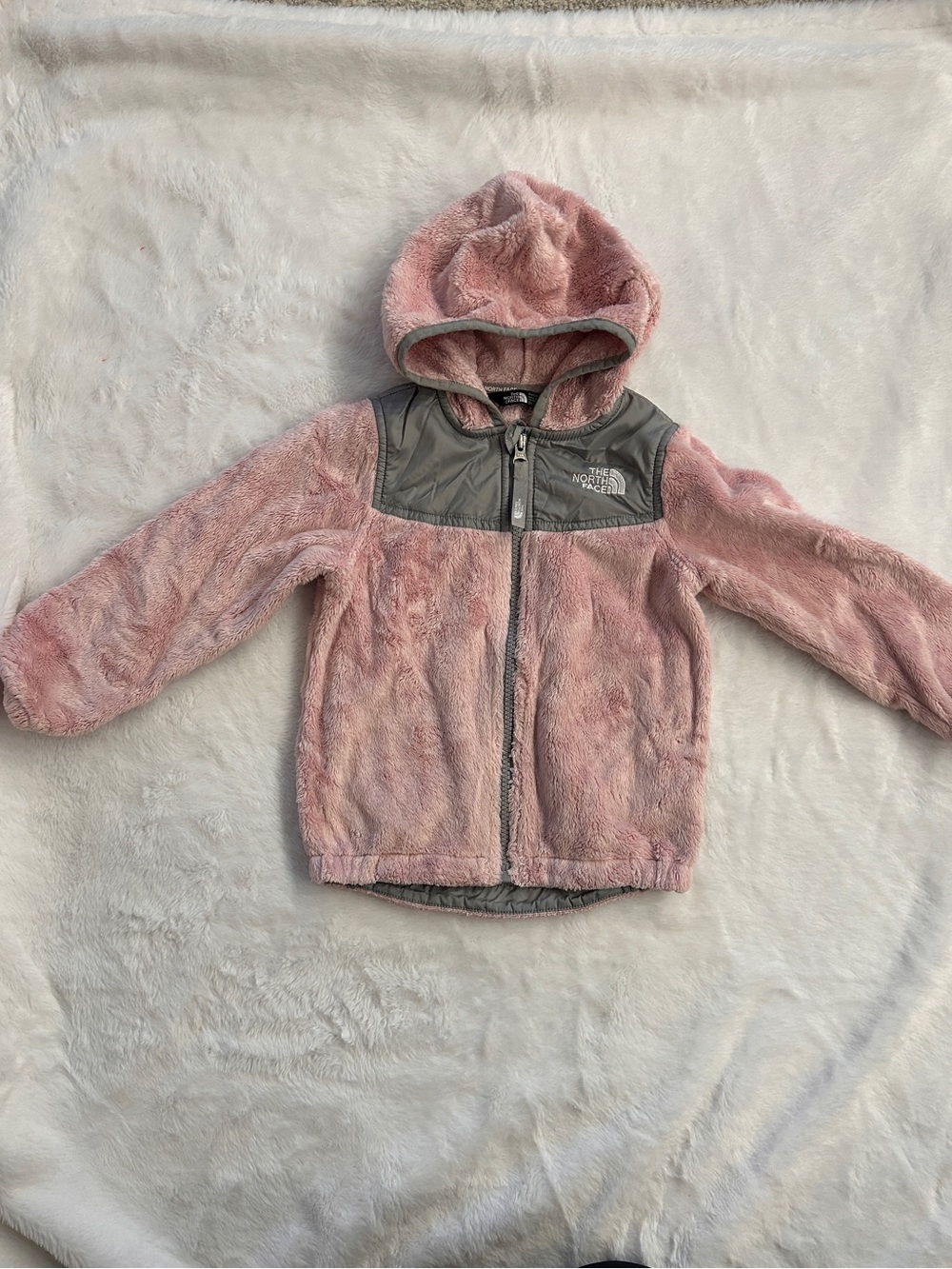 The North Face Pink Fleece Hooded Jacket with Gray Shoulder Yoke